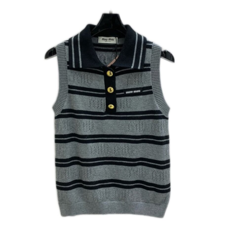 Striped Knit Sleeveless Polo Vest